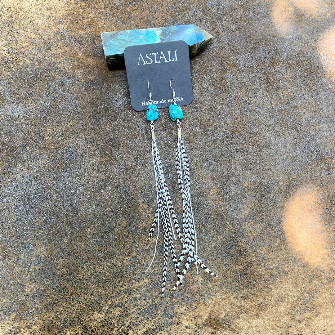 Astali Earrings-Turquoise & Mini Feather-Grizzly/Silver, Western