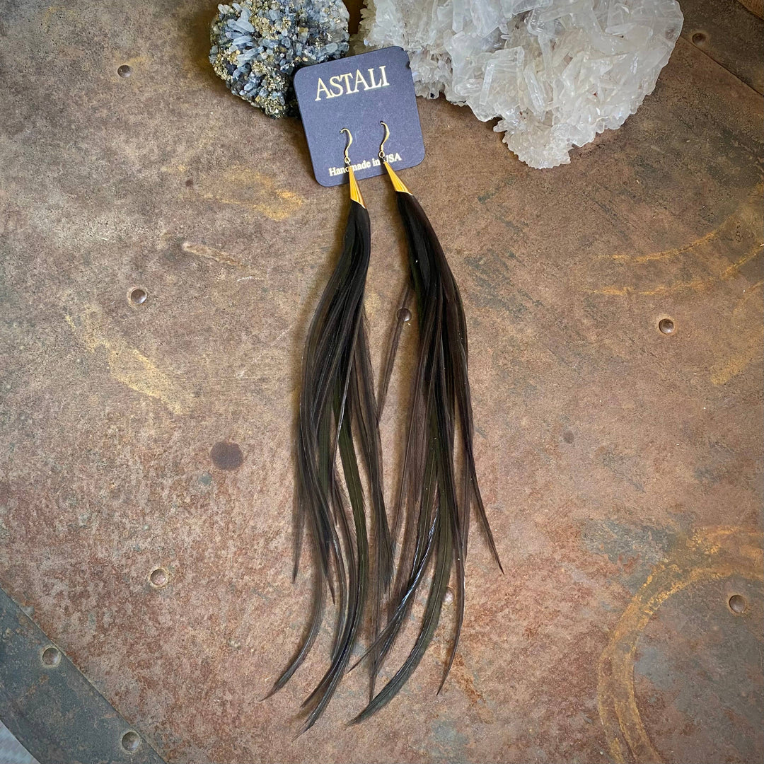 Earrings-Long Feather & Cone-Black/Gold, Boho Western