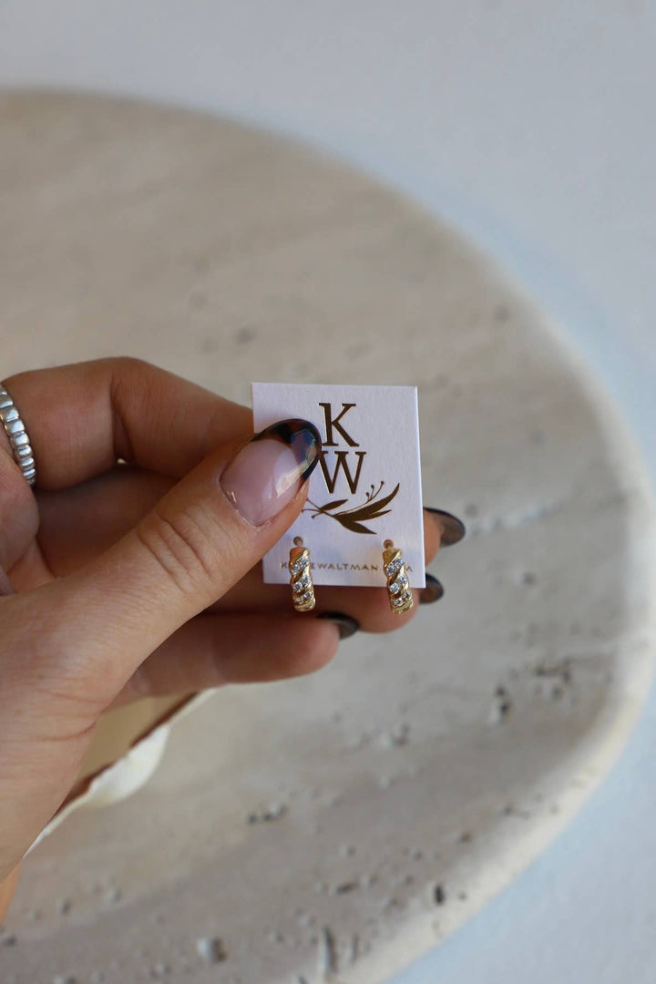 E1680G Gold Earrings-Jessie CZ Rope Huggie Hoops