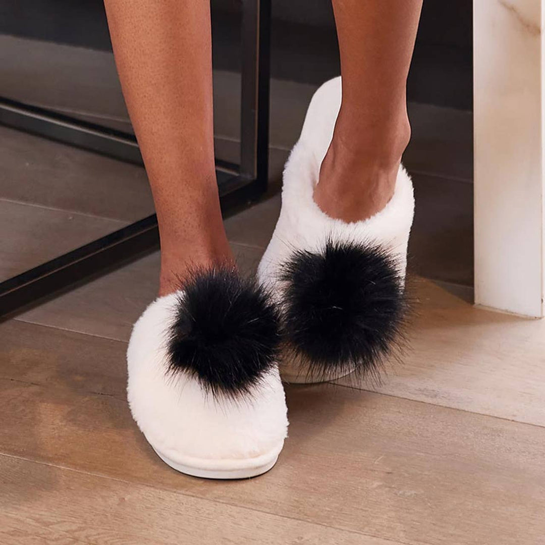 NEW Plush Slippers - Ivory + Black Pom Pom