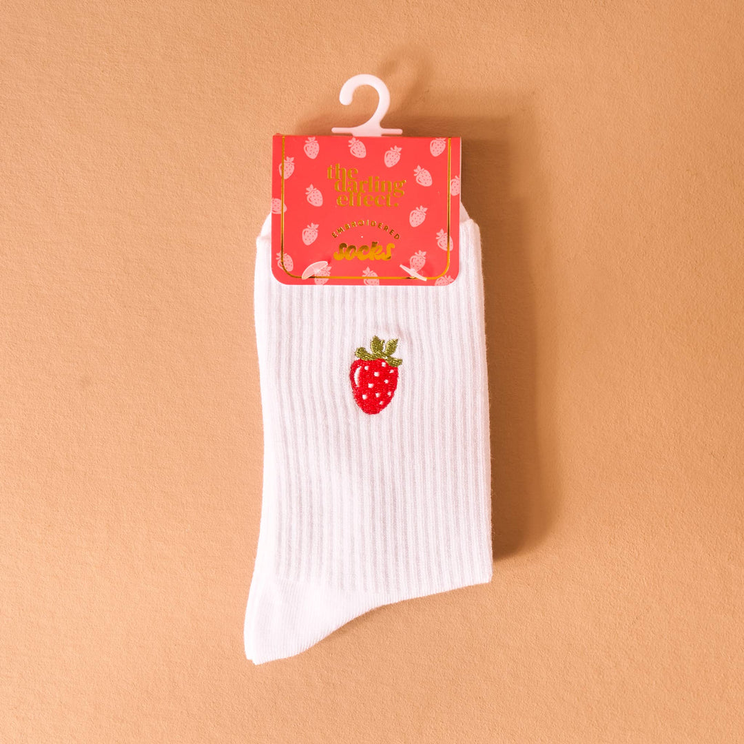 Embroidered Crew Socks-Strawberry