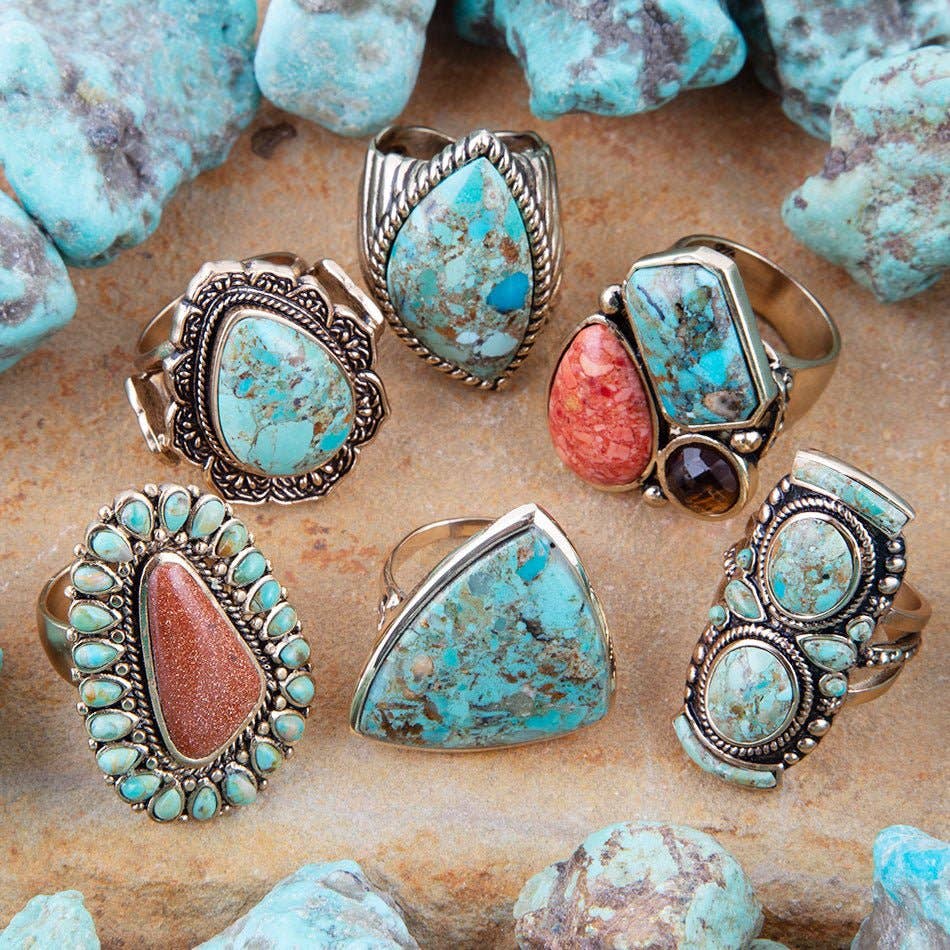 Ring-Sedona Blue Turquoise Orange Goldstone Golden Statement
