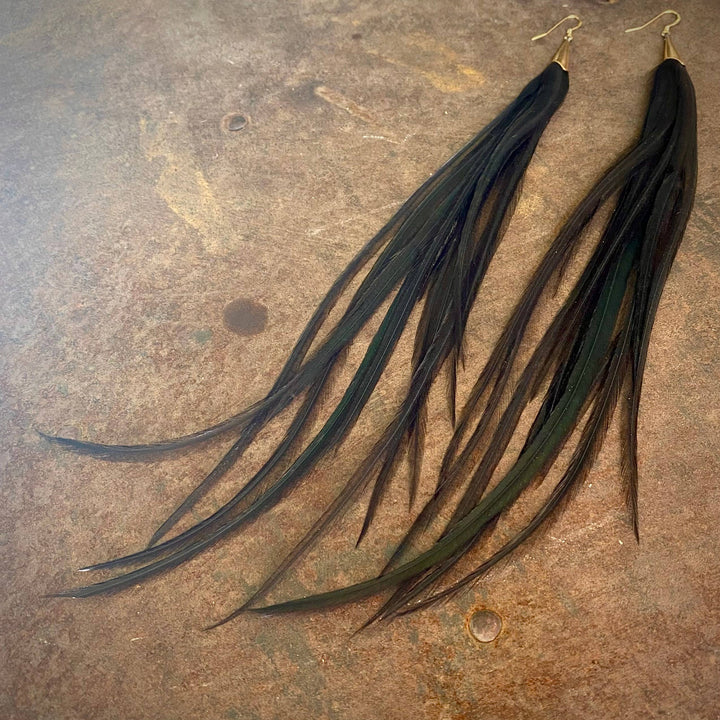 Earrings-Long Feather & Cone-Black/Gold, Boho Western