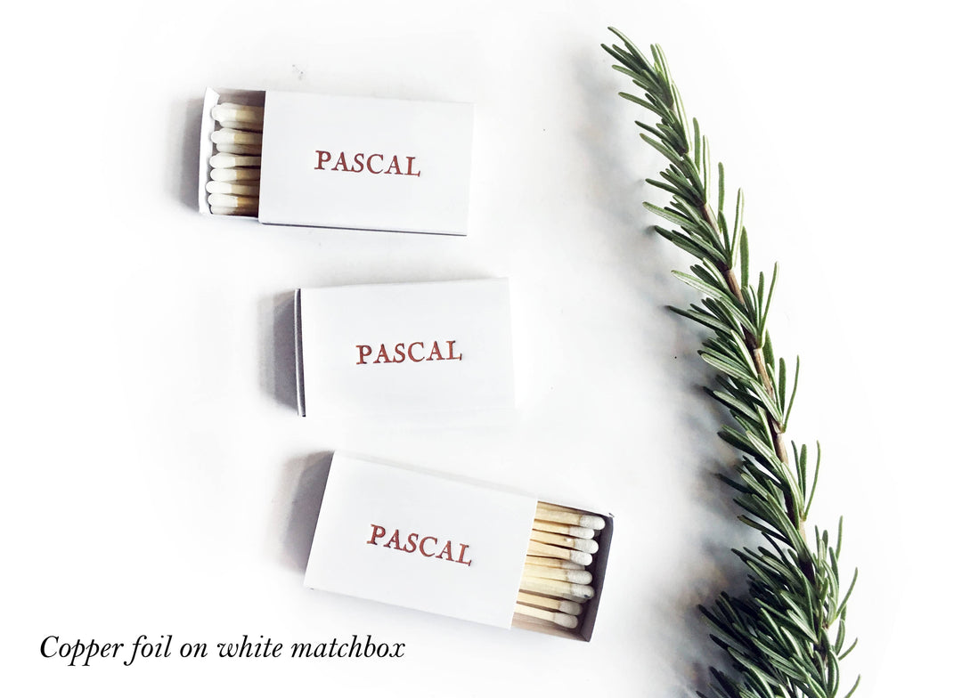 Custom Text Foil Embossed Matchbox: Terracotta on White