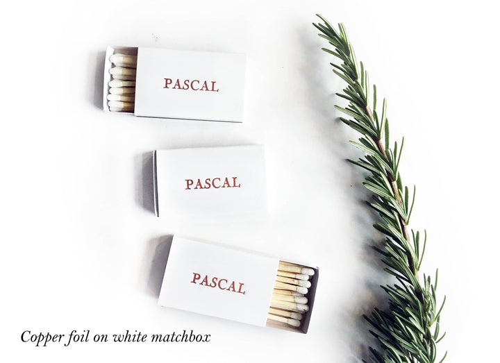 Custom Text Foil Embossed Matchbox: Terracotta on White