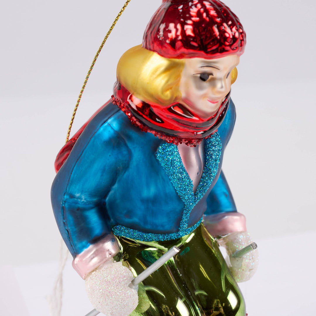 Blue Skier Glass Ornament