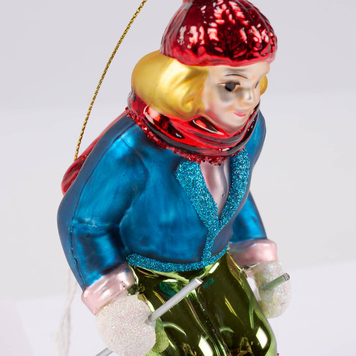 Blue Skier Glass Ornament