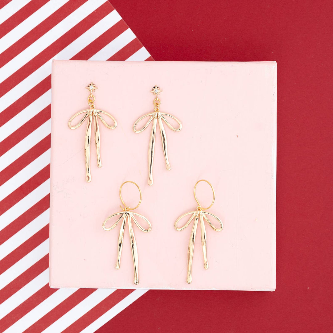 Bow Ribbon Huggie Hoop Earring Dangle Whimsical-Silver