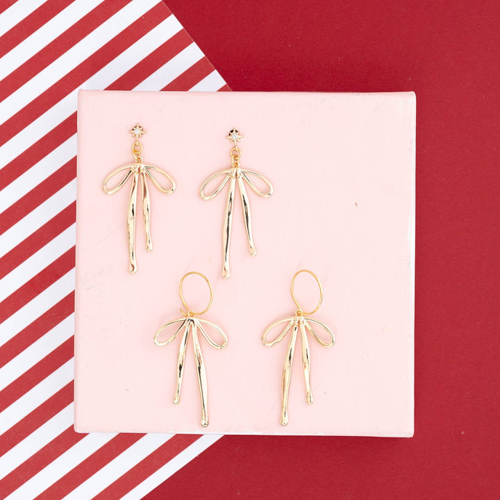 Bow Ribbon Huggie Hoop Earring Dangle Whimsical-Silver