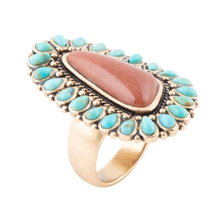 Ring-Sedona Blue Turquoise Orange Goldstone Golden Statement