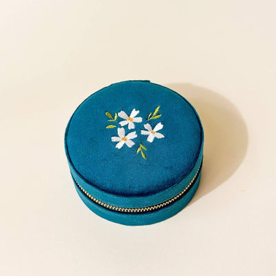 Round Velvet Jewelry Case-Floral Teal