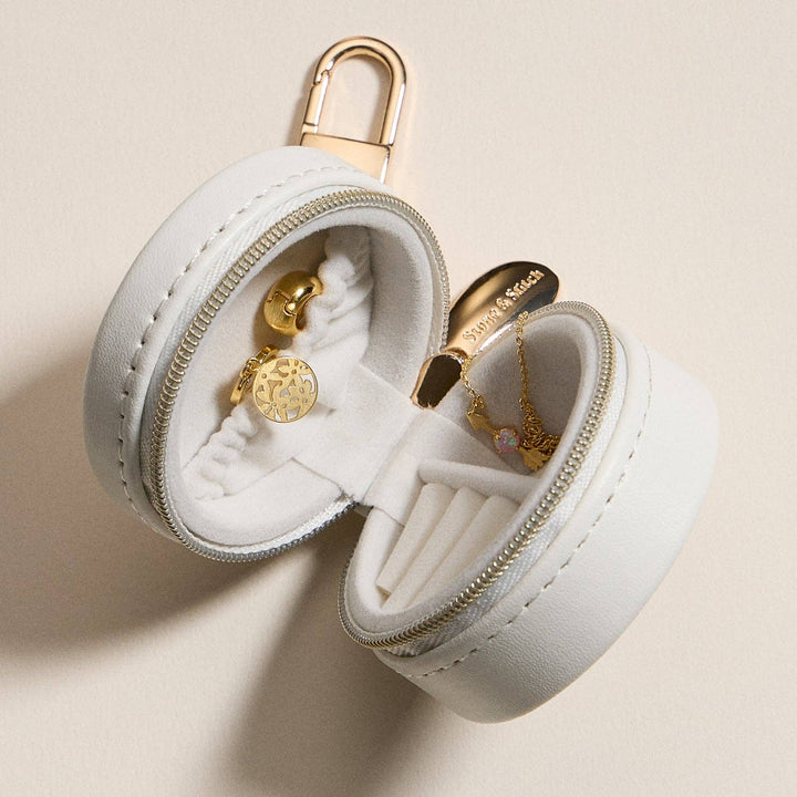 Mini Round Jewelry Travel Case with Keychain – White & Pink Floral Print