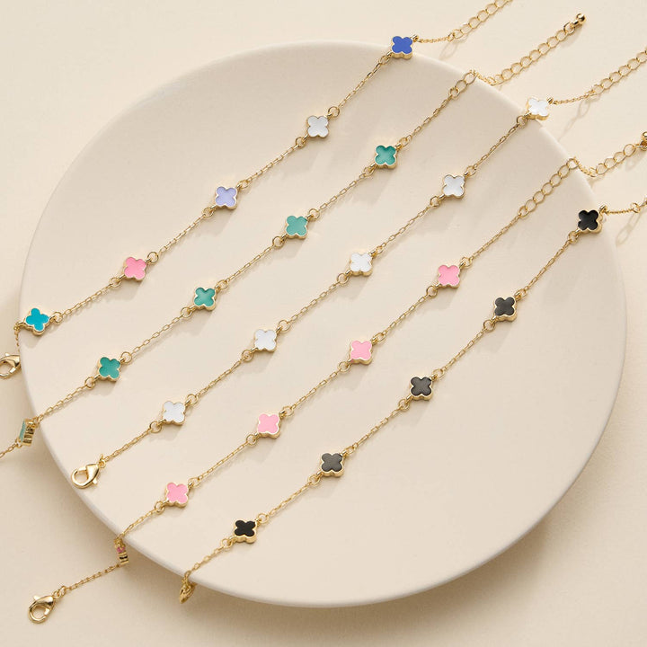 Gold Clover Charm Bracelet with Enamel Accents