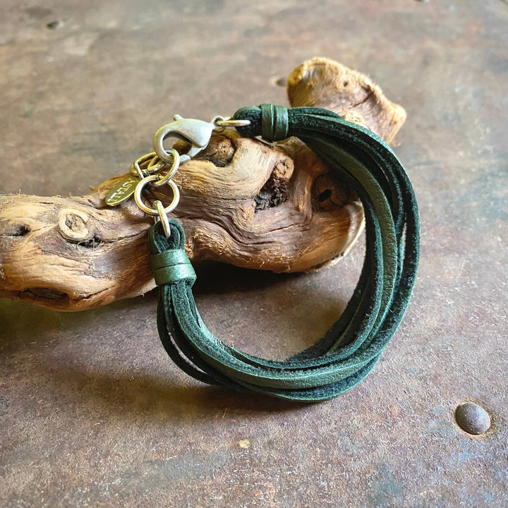 Leather 7-Strand Bracelet-Hunter Green & Silver, Western