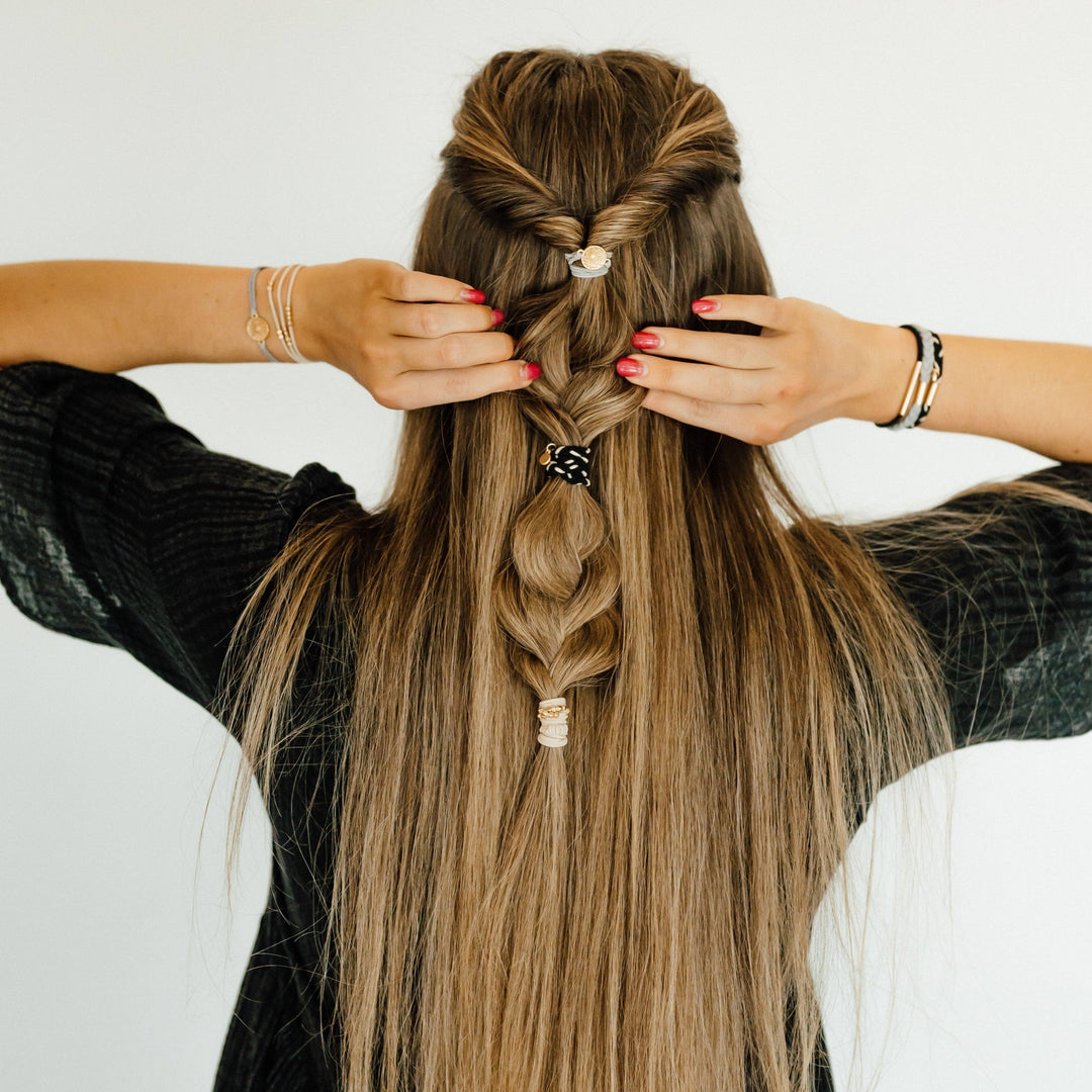 Hair Tie Bracelets-Inspire Grey and Black with Gold Flower Accent