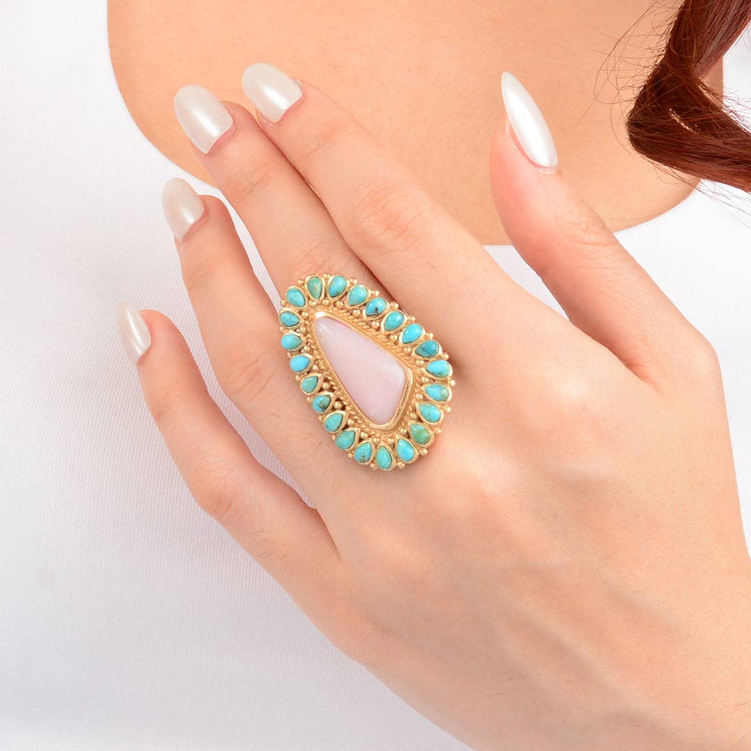 Ring-Cactus Rose Pink Opal and Blue Turquoise Golden Statement