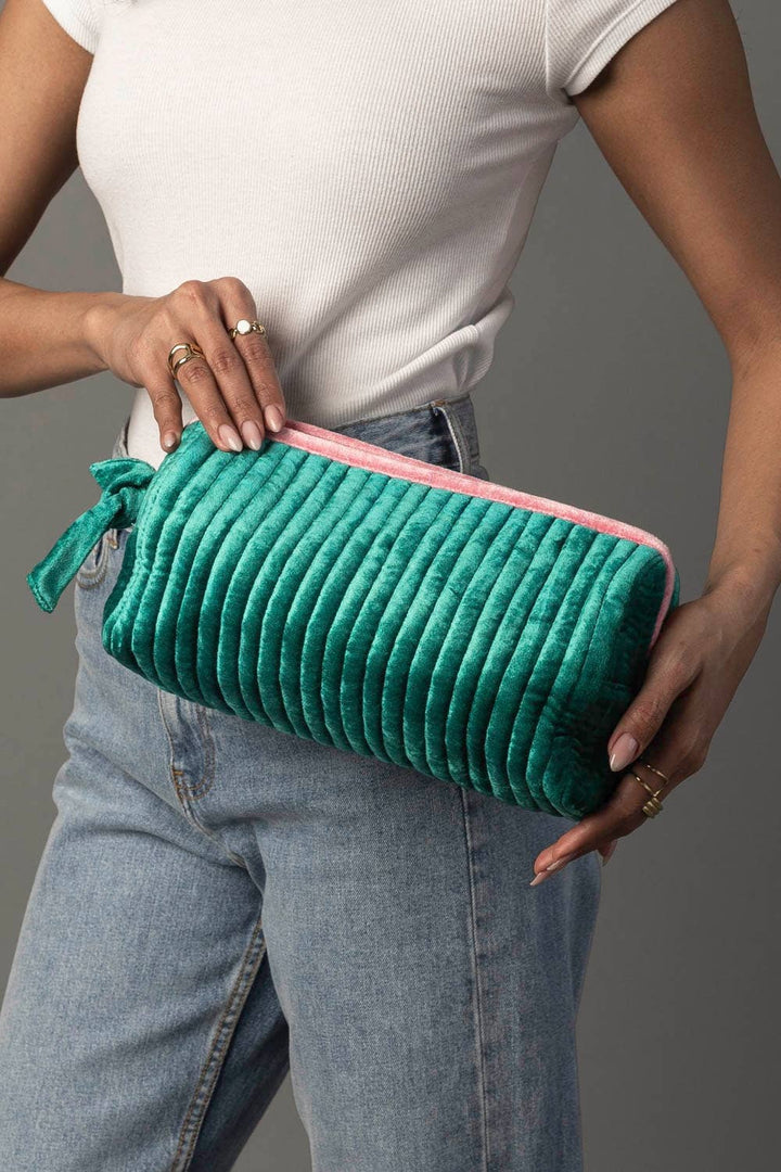 Velvet Ribbed Travel Pouch-Green & Pink