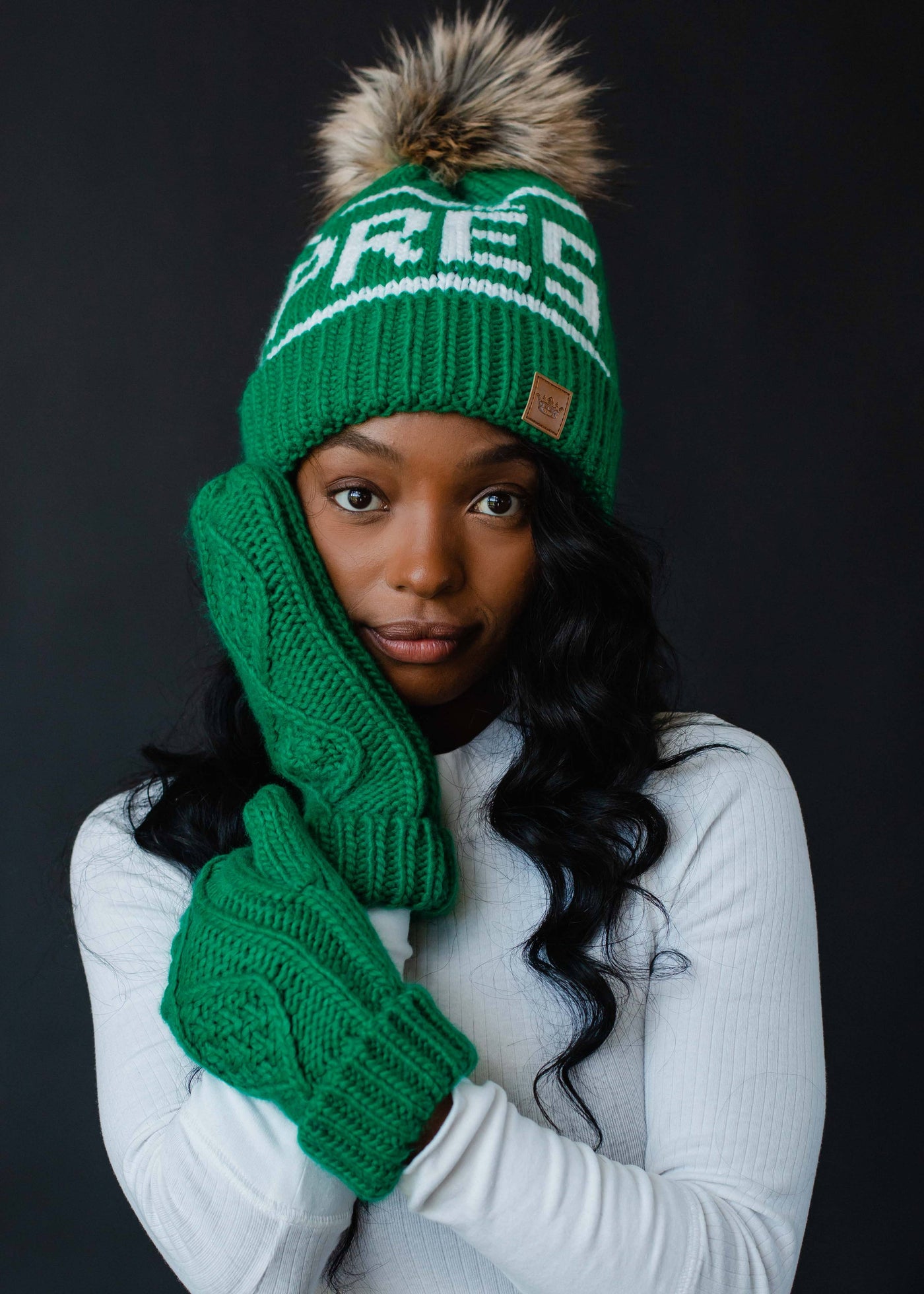 Green & White Apres Pom Hat