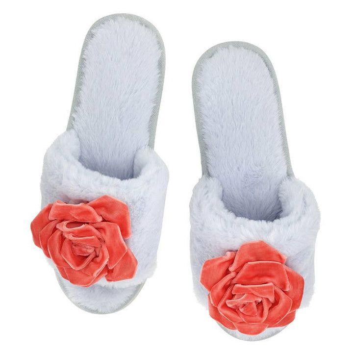 Velvet Rosette Slippers - Blue + Coral Velvet Rosette