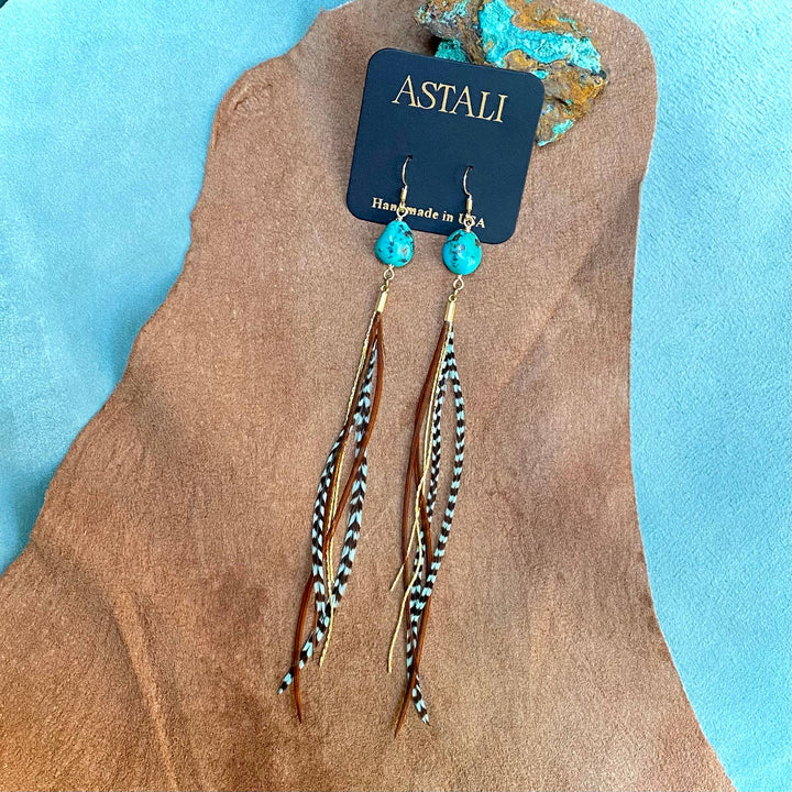 Astali Earrings-Turquoise & Mini Feather-Teal Grizzly & Fawn/Gold