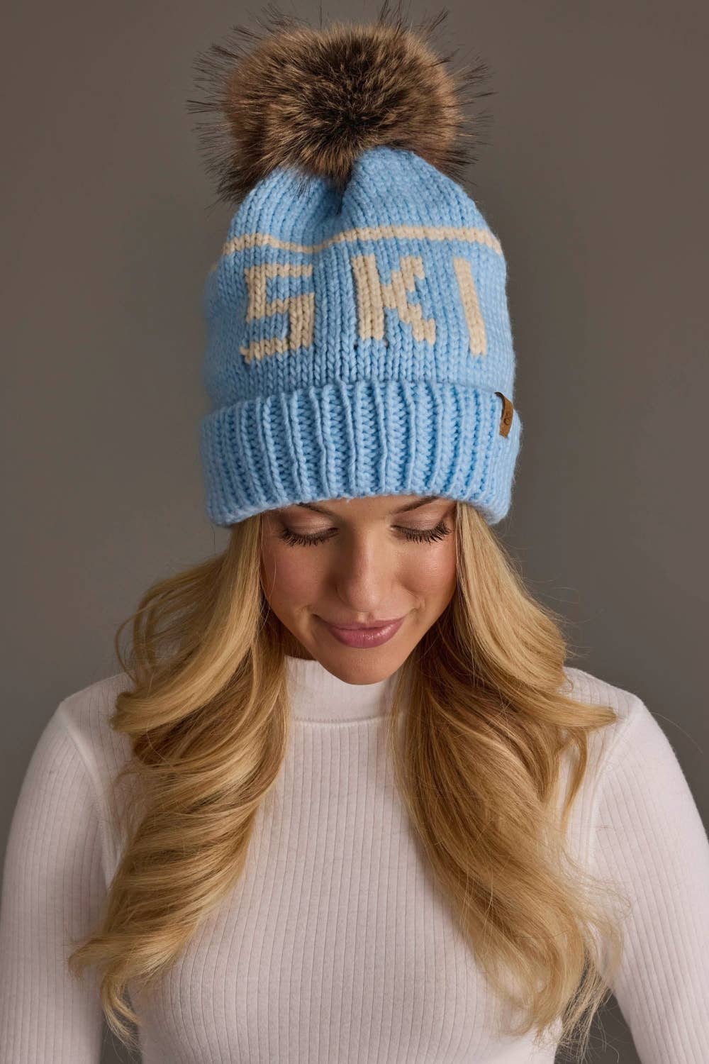 Pom Hat-Lt. Blue & Beige Ski