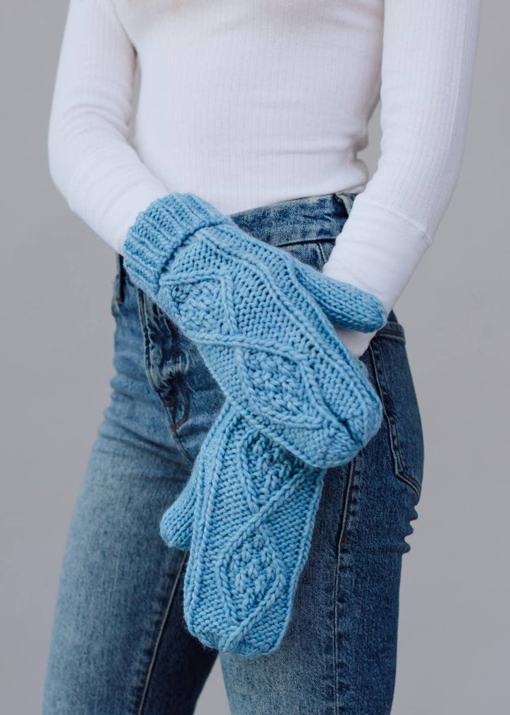 Mittens-Light Blue Cable Knit