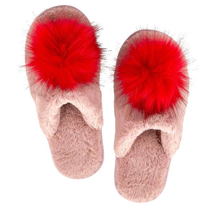 NEW Plush Slippers - Blush + Red Pom Pom