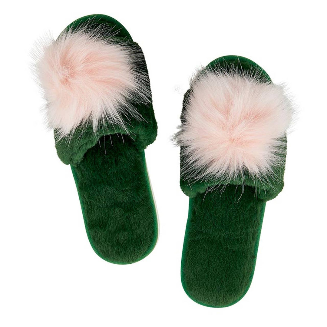 NEW Plush Slippers - Green + Blush Pom Pom