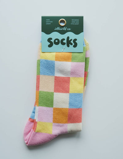 100% Cotton Women's Crew Socks-Rainbow Check