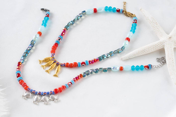 Necklace-Fish beaded in Greek islands colors