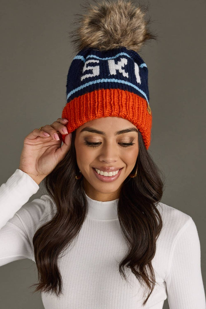 Pom Hat-Orange, Navy & Lt. Blue Ski