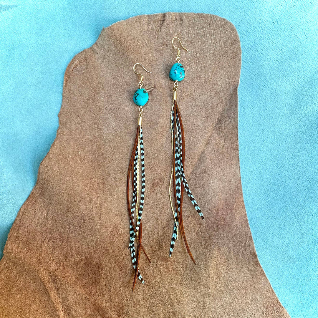 Astali Earrings-Turquoise & Mini Feather-Teal Grizzly & Fawn/Gold