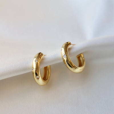 E1550G Gold Earrings-Meredith CZ Star Thick Hoops