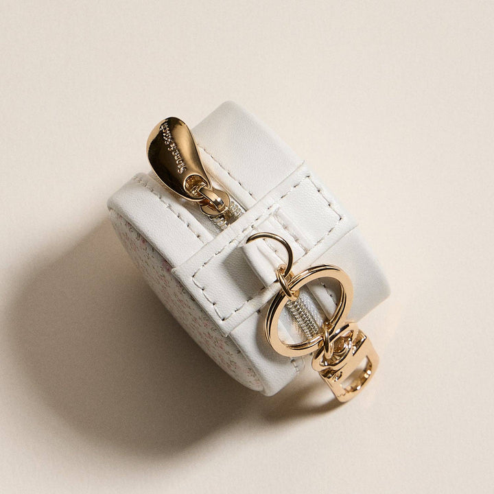 Mini Round Jewelry Travel Case with Keychain – White & Pink Floral Print