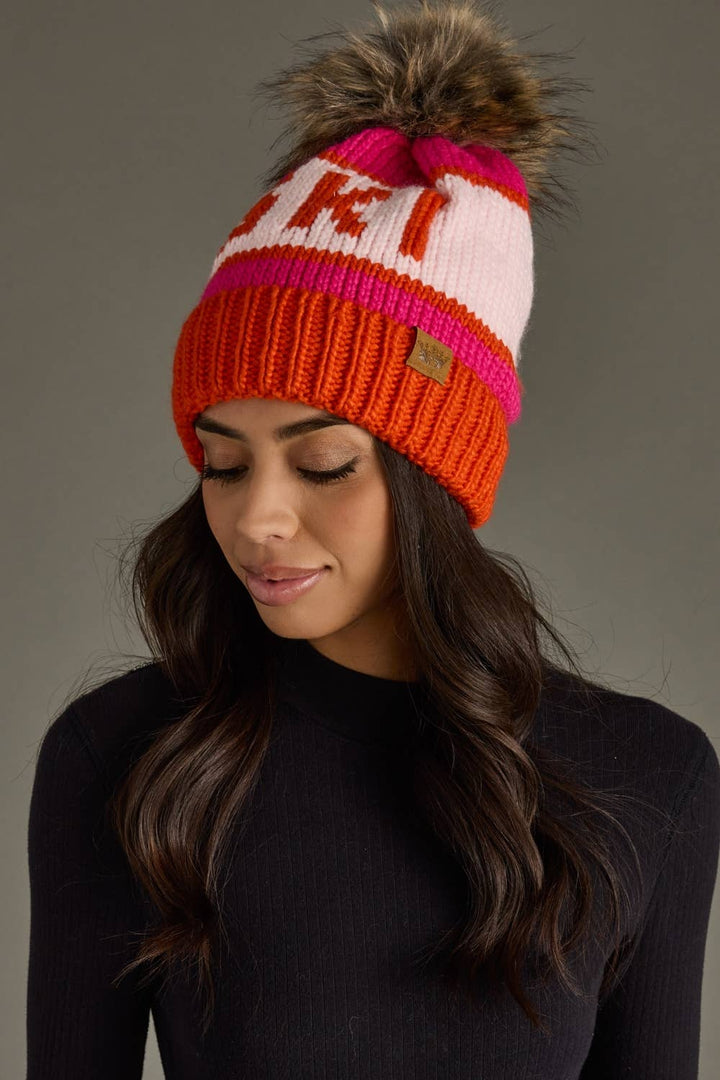 Pom Hat-Orange, Blush & Pink Ski