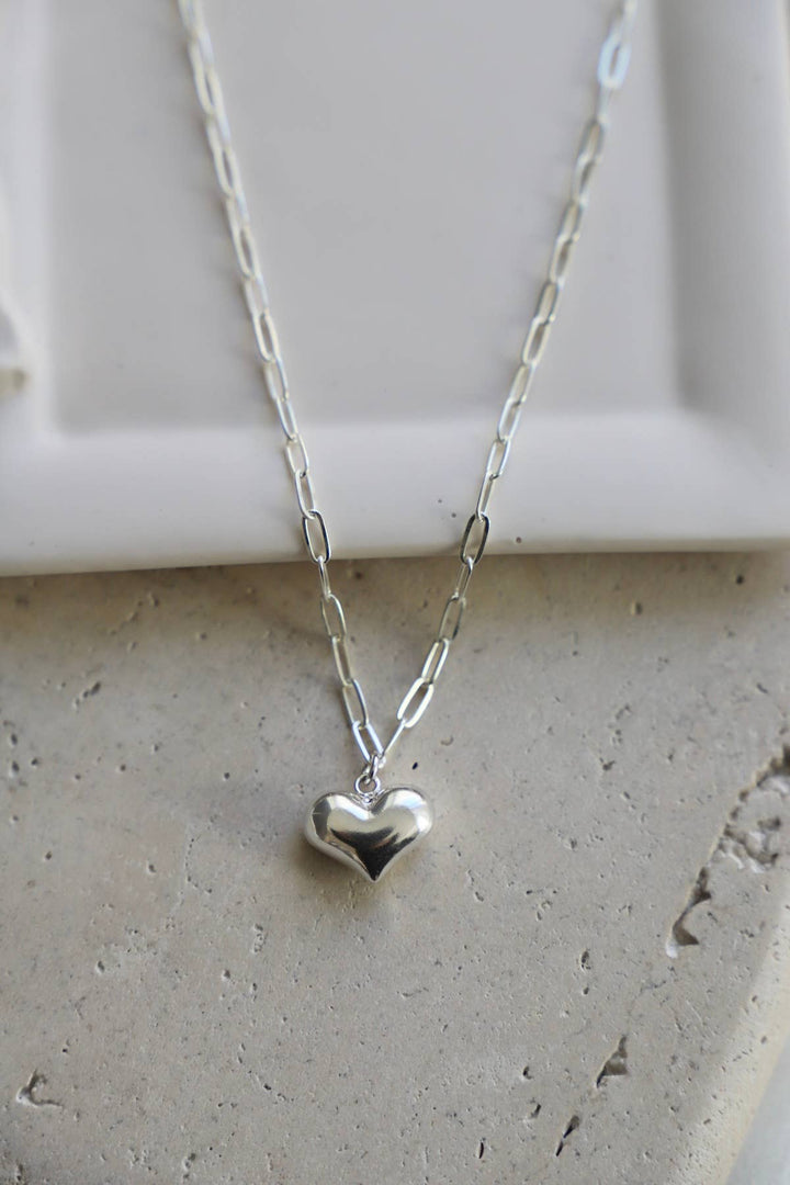 CN1574S Silver Necklace-Mini Paperclip Puff Heart