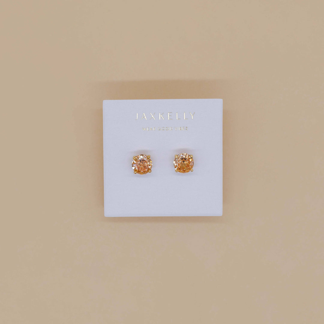 Earrings-Round CZ- Champagne - Gold