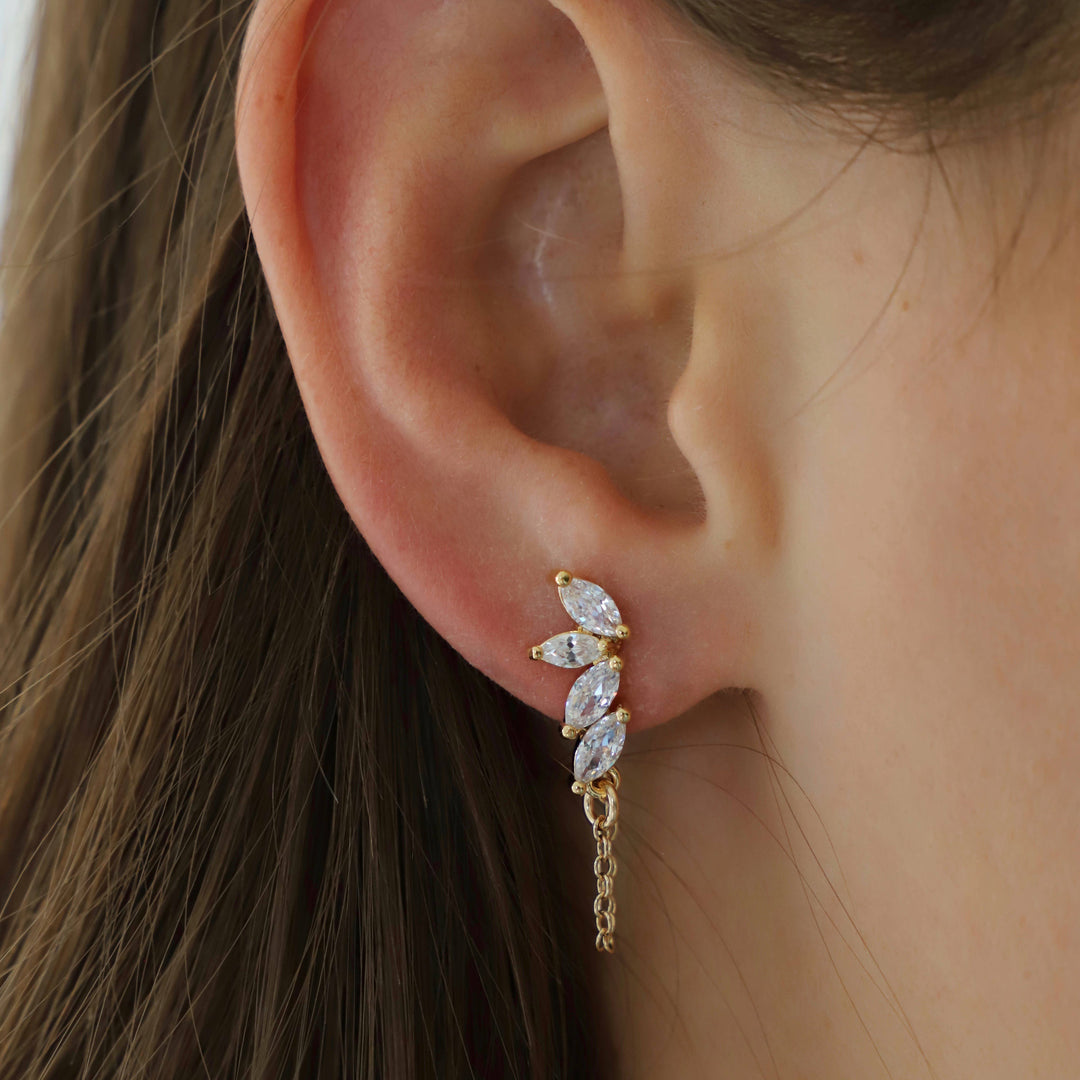 E1223G Gold Earrings-CZ Marquise & Chain