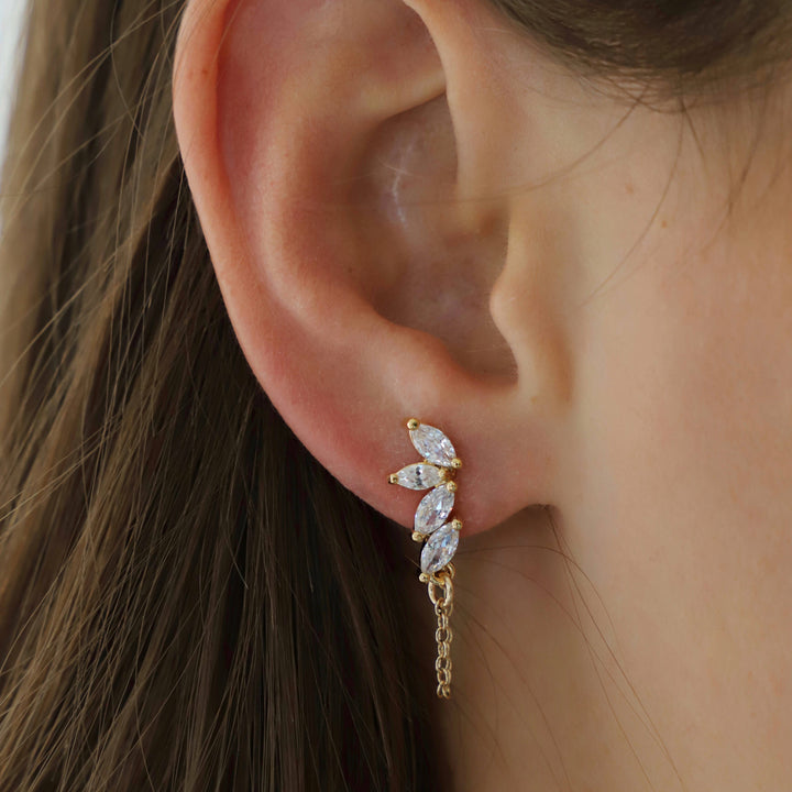 E1223G Gold Earrings-CZ Marquise & Chain