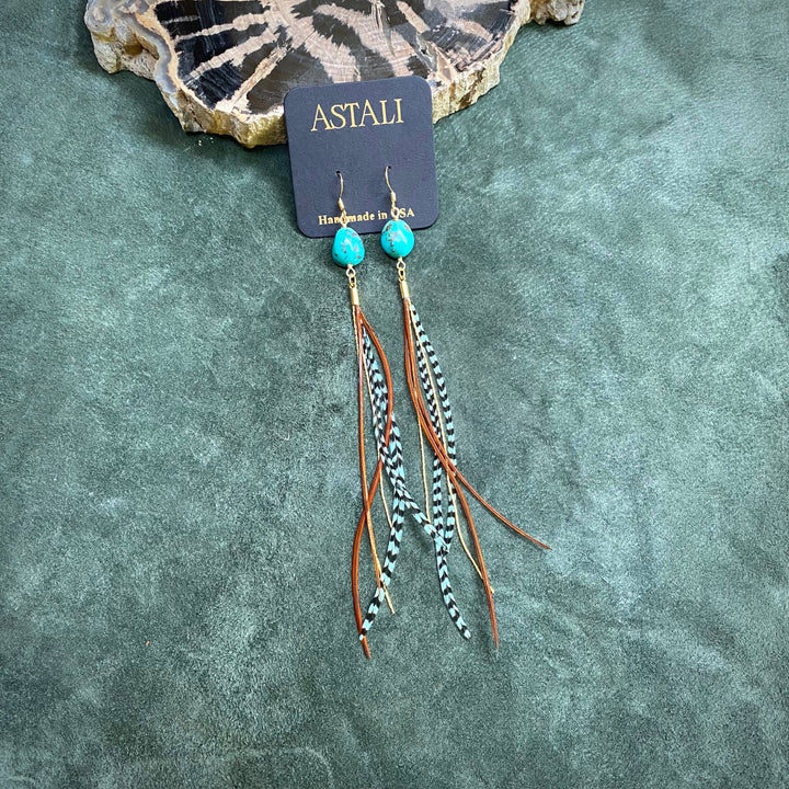 Astali Earrings-Turquoise & Mini Feather-Teal Grizzly & Fawn/Gold