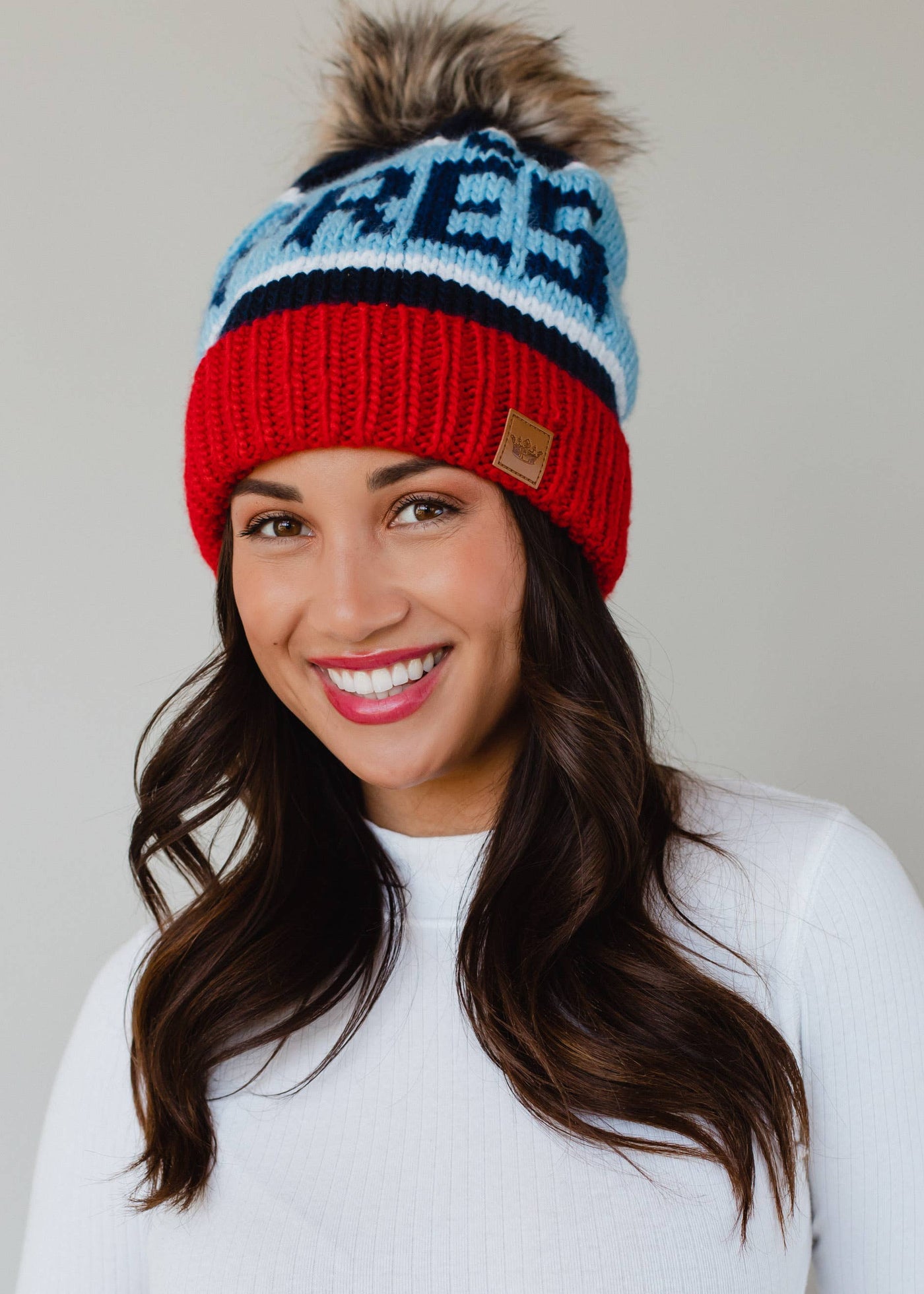 Navy, Lt. Blue & Red Apres Pom Hat