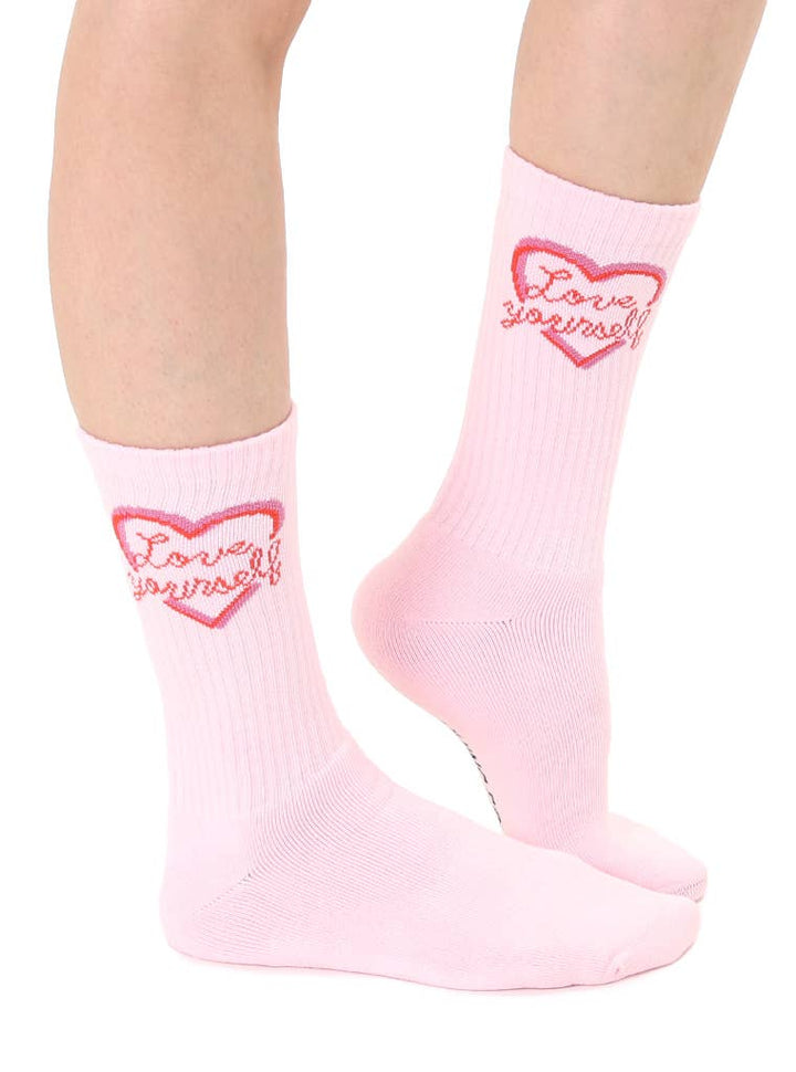 Classic Crew Socks w/ Ribbed Tubing - "Love Yourself" - Pink