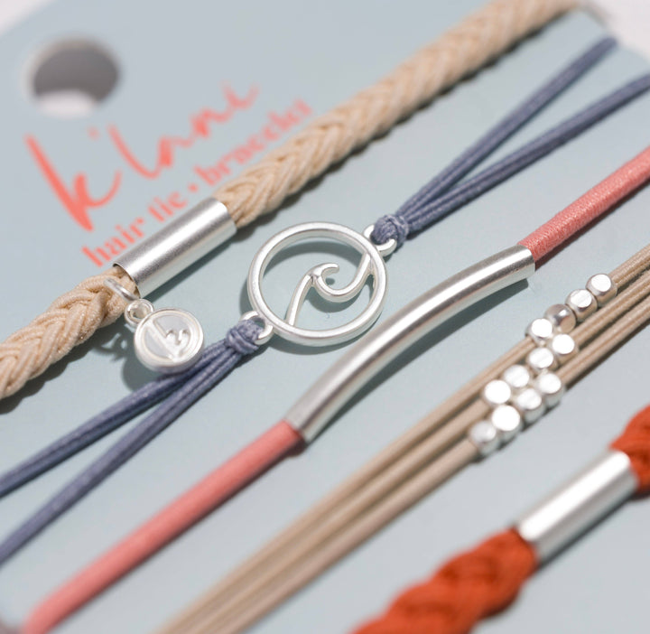Hair Tie Bracelets-Celebrate Blues and Corals With Silver Wave Charm