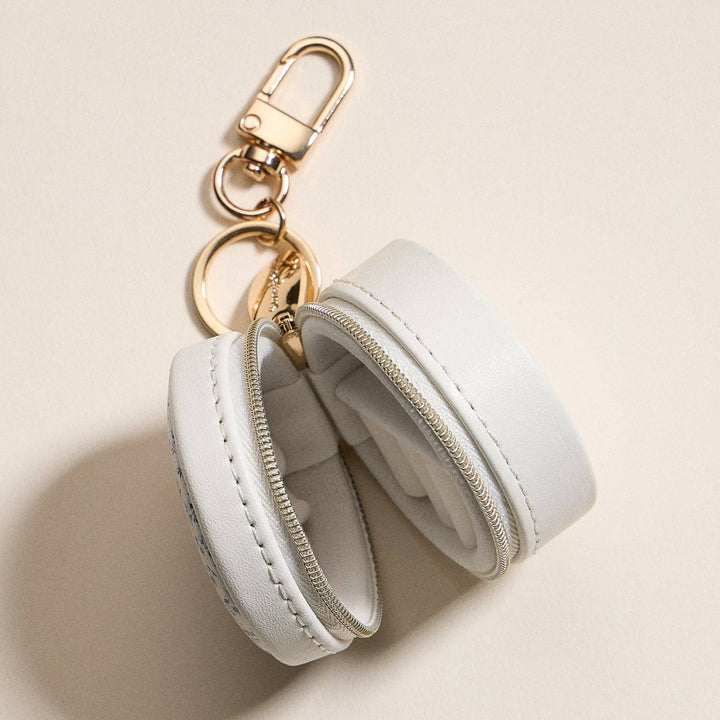Mini Round Jewelry Travel Case with Keychain – White & Blue Floral Print