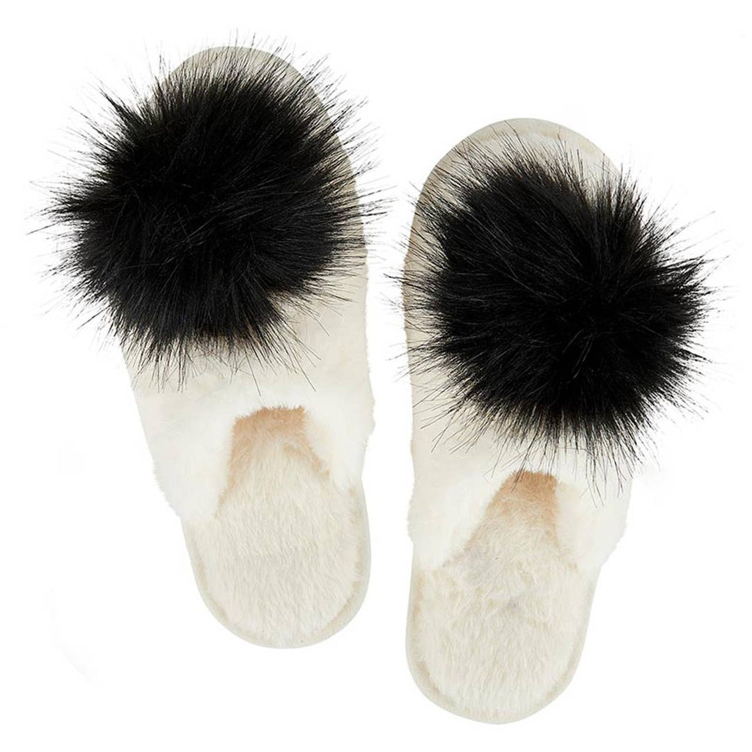 NEW Plush Slippers - Ivory + Black Pom Pom