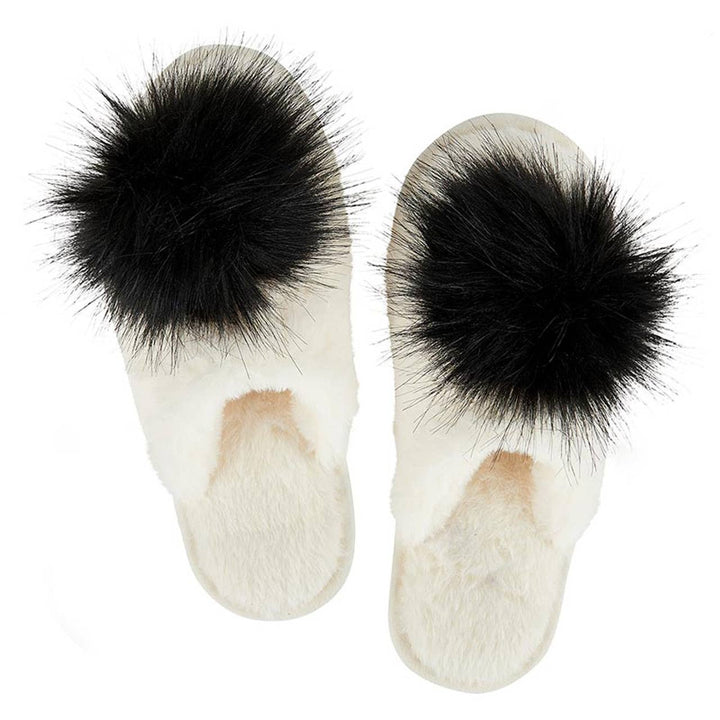 NEW Plush Slippers - Ivory + Black Pom Pom