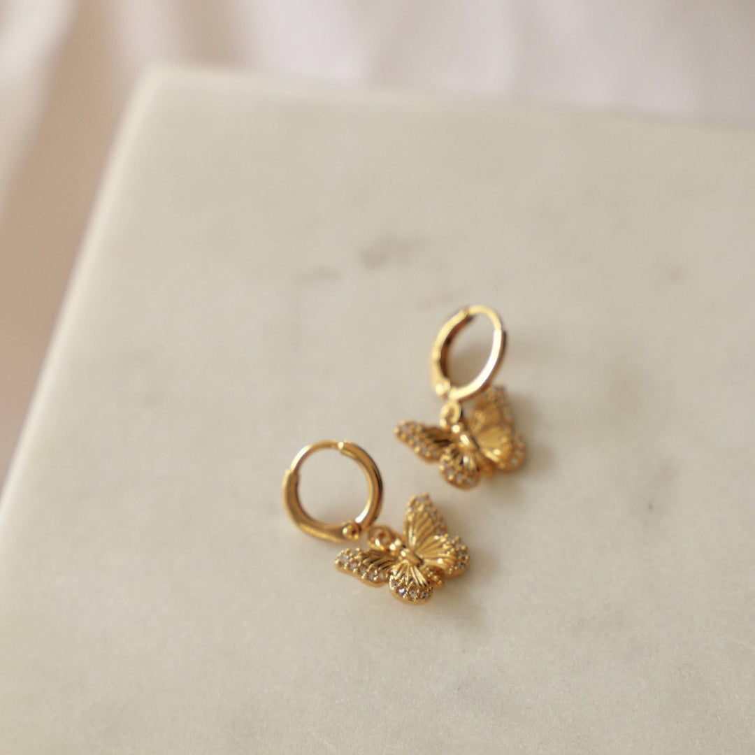 E1428G Gold Earrings-Butterfly Huggie Hoops
