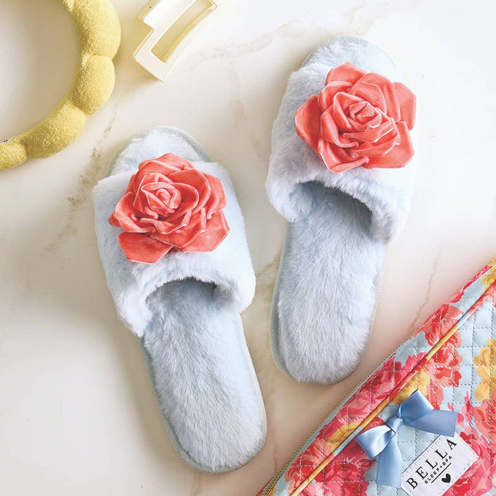 Velvet Rosette Slippers - Blue + Coral Velvet Rosette