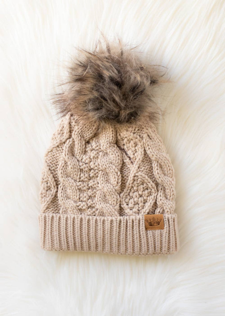 Pom Hat-Taupe Cable Knit