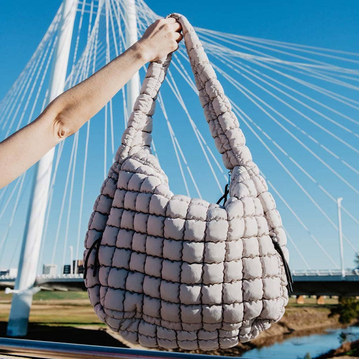Oversized Quilted Hobo Tote Bag-Sand